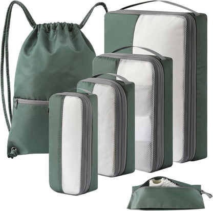 6 Set Compression Packing Cubes for Travel, Bonus Versatile Drawstring Backpack, Lightweight Luggage Organizer Bags, Sturdy Travel Accessories for Suitcase, Dark Green