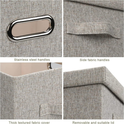 Medium 15" 21 Quart Collapsible Stackable Storage Bins with Lids, 5 Packs Beige Foldable Fabric Closet Boxes Heavy-duty Linen Cube Baskets Container for Bedroom Office (15 x 11 x 8)