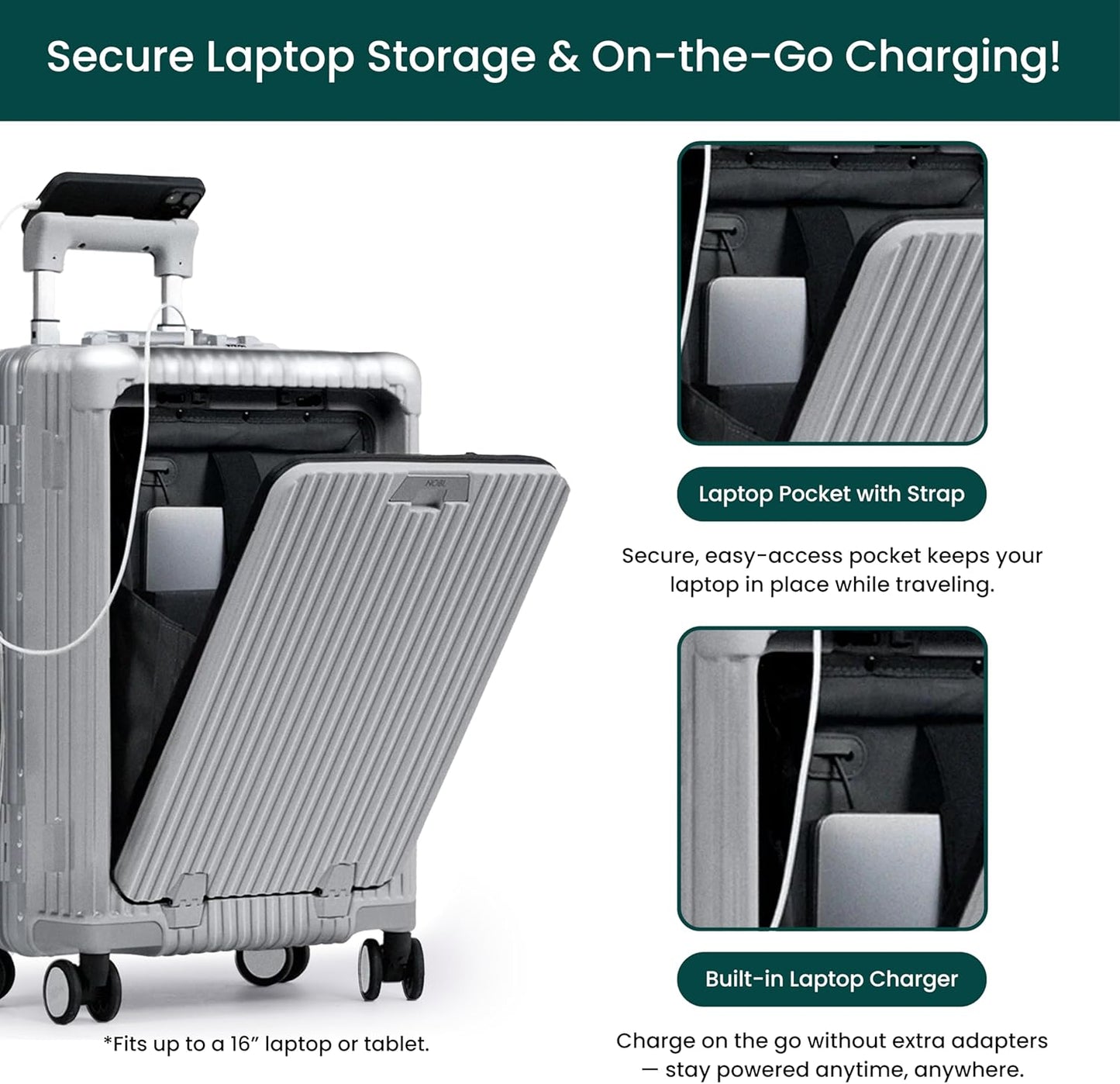 Nobl Travel Carry On Luggage, Noble Zipperless Aluminum Frame PC Hard Shell Suitcase, 20.8"x15"x8.7" Airline Approved, 360° Spinner Wheels, TSA Locks, USB Charging Port, Cup & Phone Holder - Silver