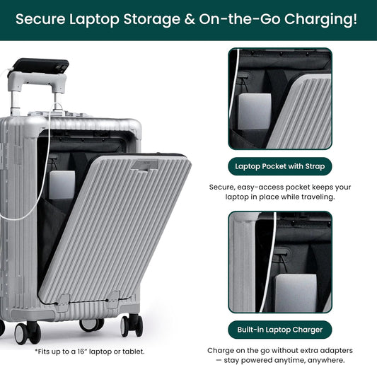 Nobl Travel Carry On Luggage, Noble Zipperless Aluminum Frame PC Hard Shell Suitcase, 20.8"x15"x8.7" Airline Approved, 360° Spinner Wheels, TSA Locks, USB Charging Port, Cup & Phone Holder - Silver