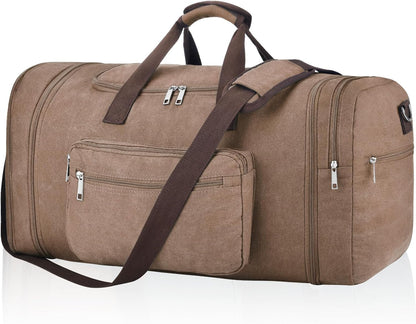 Felipe Varela 60L Duffle Bag for Men, Large Expandable Canvas Duffel Bag for Travel, Mens Carry On Luggage Bag Traveling Weekender Gym Overnight Bags for Airplanes, Coffee