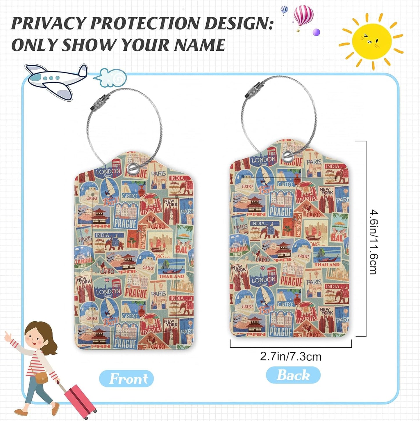 3 Pack Luggage Tag for Suitcase,Travel Stamp Leather Luggage Tags with Privacy Cover Name ID Label Identifiers Travel Bag Tags for Women Men Boys Girls