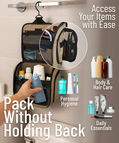 D&D Hanging Travel Toiletry Bag for Men and Women – Cosmetics, Makeup and Toiletries Organizer Kit with 10 Compartments, Quality Zippers, XXL Metal Swivel Hook, Water-Resistant Nylon