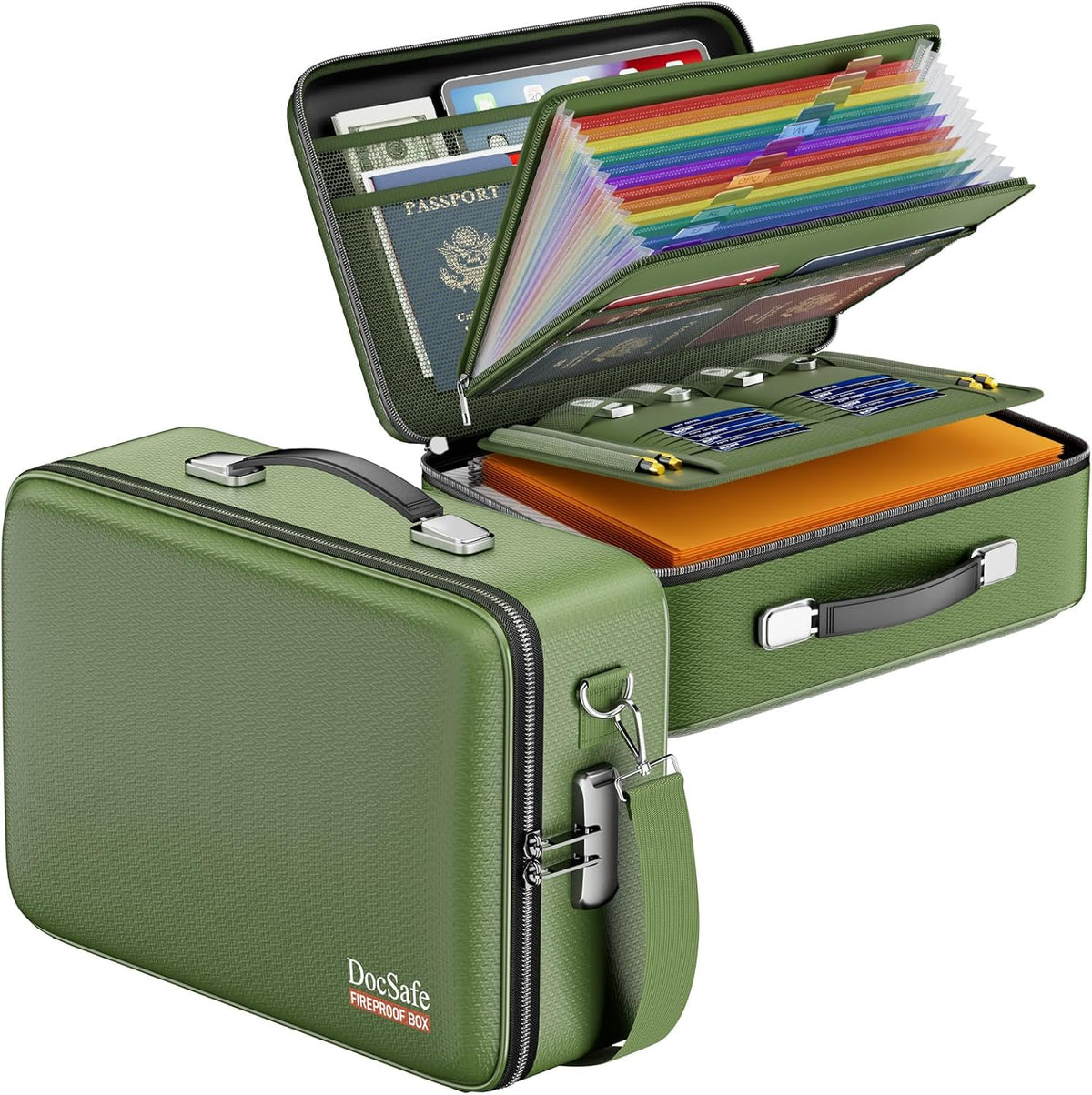 DocSafe Fireproof Document Box with Lock, Hard Case File Organizer with Accordion File Folder, Fireproof Water Resistant Safe Box Home Office Travel Storage for Important Documents Laptop Green
