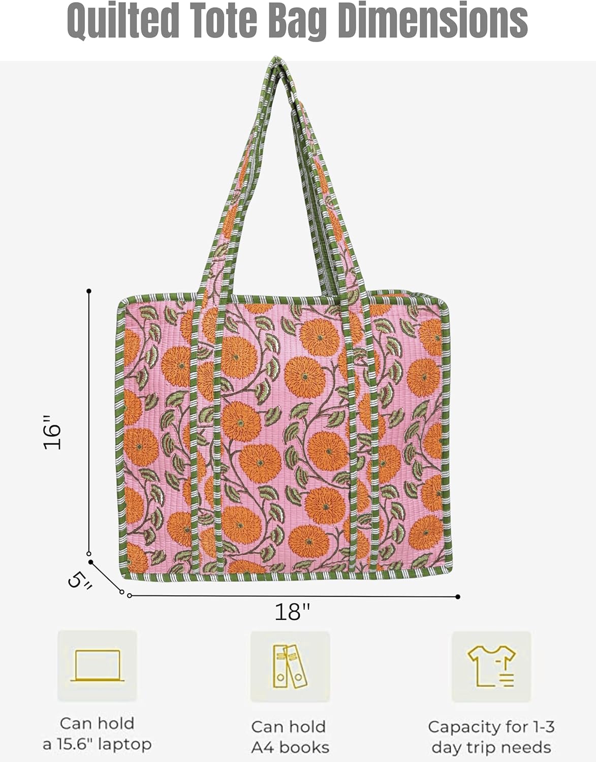 Cotton Quilted Tote Bag for Women – Large Beach & Travel Tote with Zipper, Reusable Grocery Bag