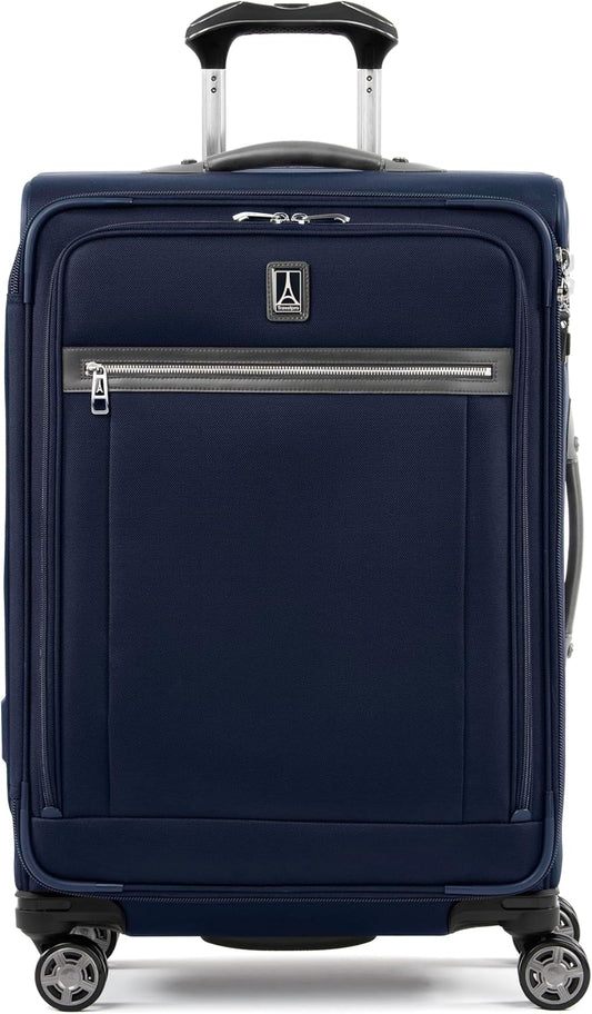 Travelpro Platinum Elite Softside Expandable Checked Luggage, 8 Wheel Spinner Suitcase, TSA Lock, Men and Women, Dark Blue, Checked Medium 25-Inch
