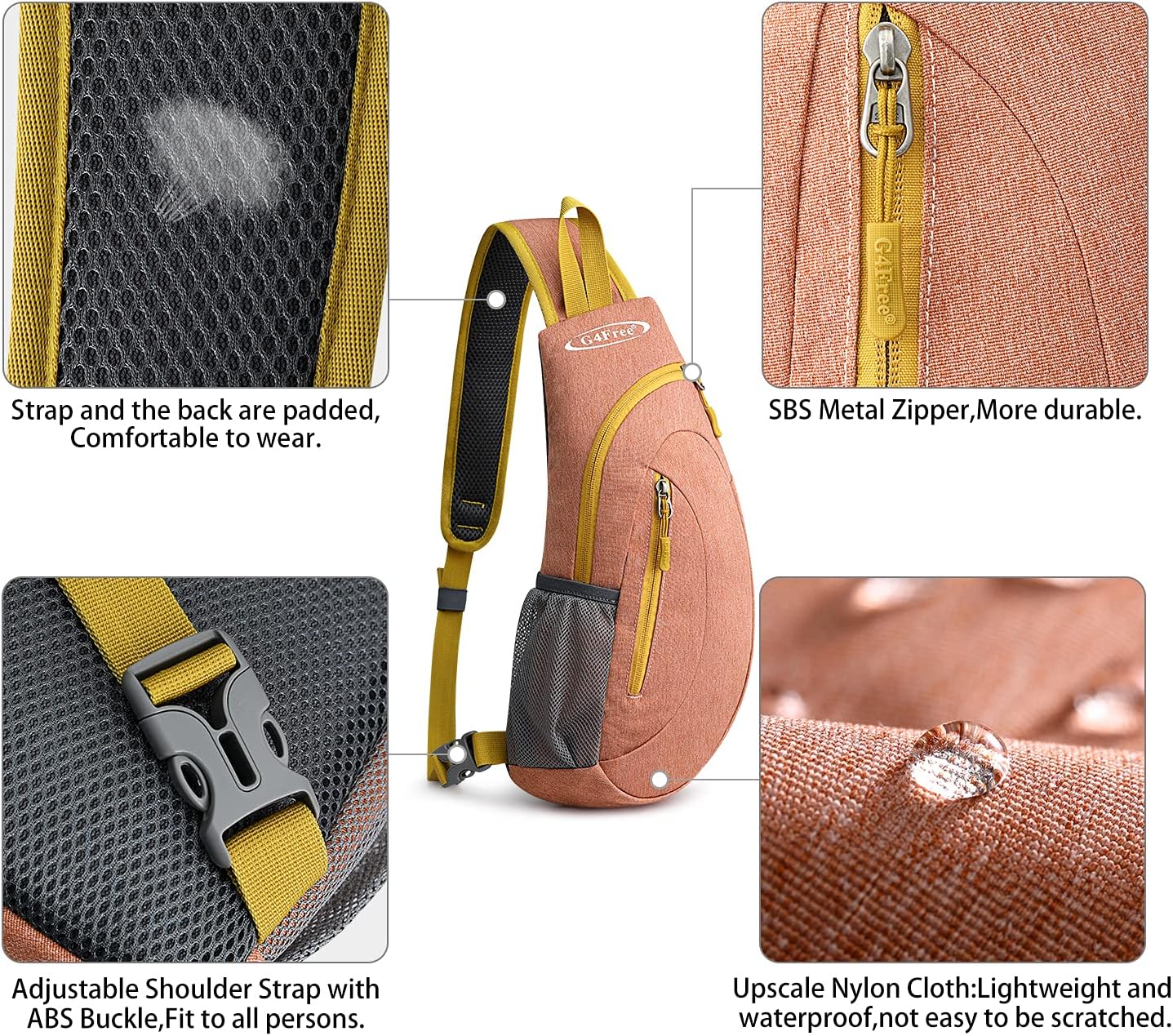 G4Free Sling Bag for Men Women, Small Crossbody Backpack Lightweight Chest Shoulder Bags for Travel, Outdoor and Sports (Light orange)