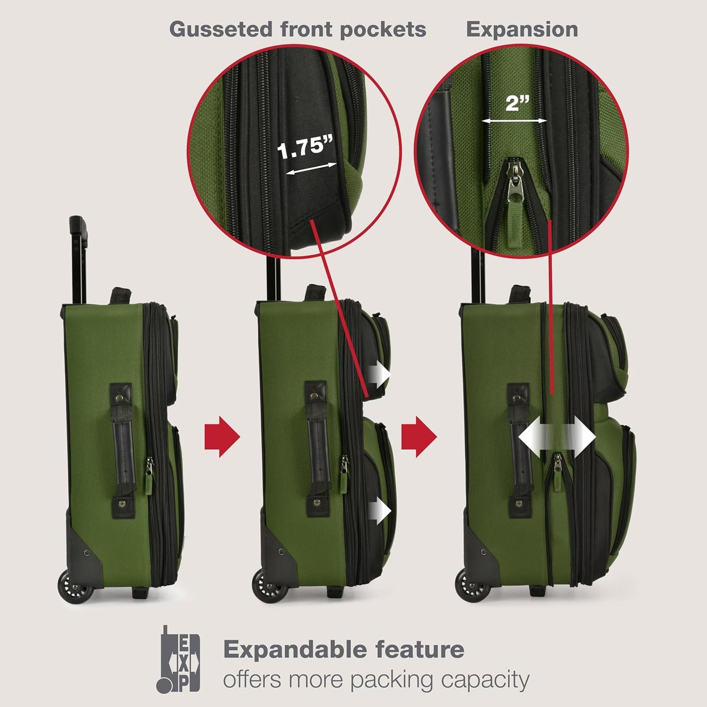 U.S. Traveler Rio Softside Expandable Carry-on Rolling Luggage, Green, 2 Wheel Set