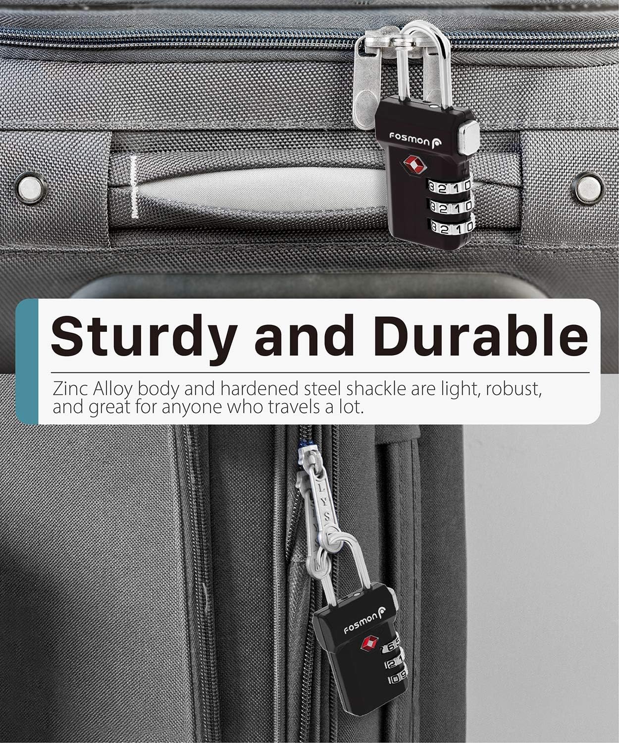 Fosmon TSA Approved Luggage Locks, Suitcase Travel Lock with Push Release Button for Extra Security, 3 Digit Combination Padlock for Gun Case Backpack Zipper Anti Theft Gym Locker - Black, 2 Pack