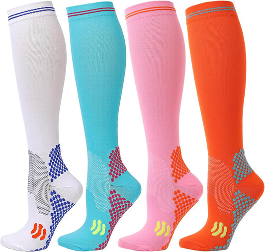 Kickticks 4 Pairs Compression Socks for Woman & Man Unisex 20-30mmHg Knee high Plus Size Wide Calves for Flying Running…