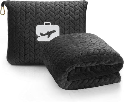 EverSnug Premium Travel Blanket Pillow - Soft 2 in 1 Airplane Blanket with Soft Bag Pillowcase, Hand Luggage Sleeve and Backpack Clip (Black)