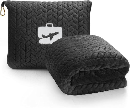 EverSnug Premium Travel Blanket Pillow - Soft 2 in 1 Airplane Blanket with Soft Bag Pillowcase, Hand Luggage Sleeve and Backpack Clip (Black)