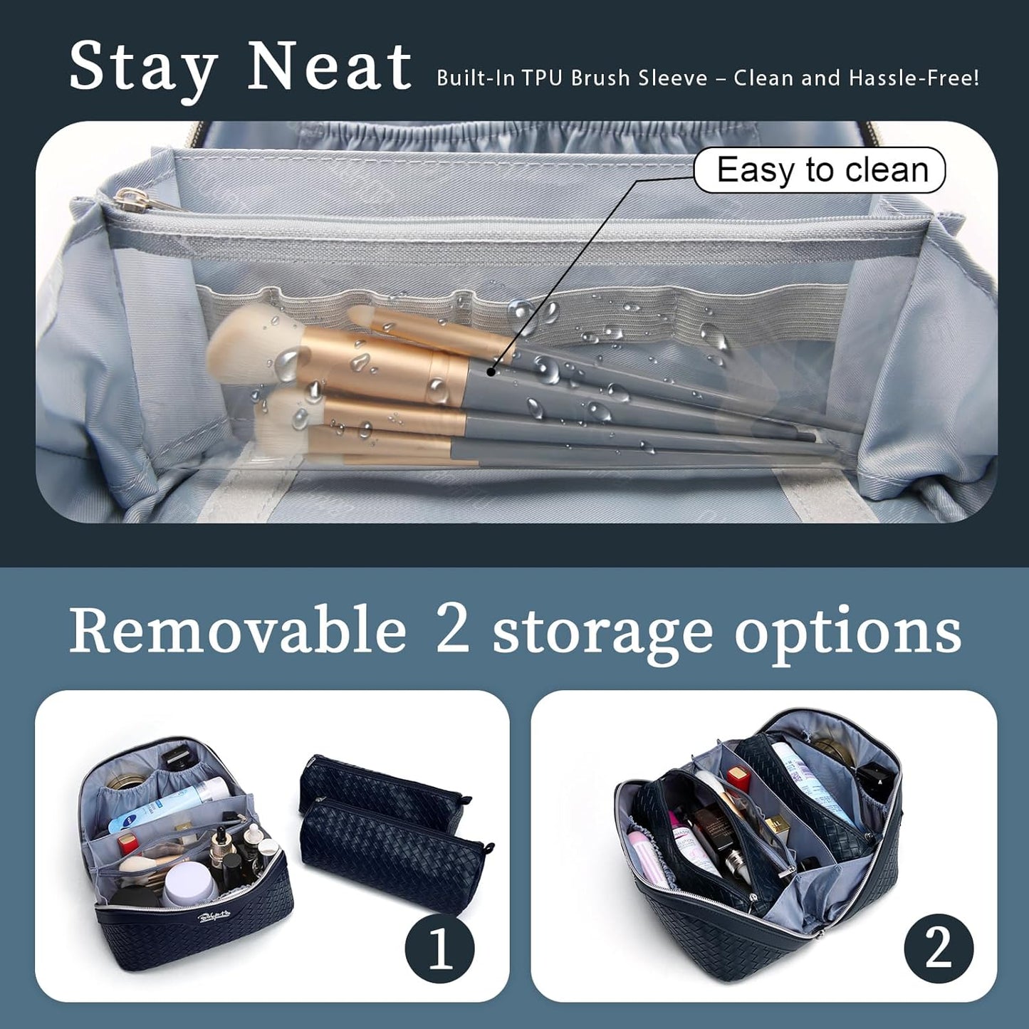 BOYATU Travel Makeup Bags for Women: Large Make up Bag Set of 3 - PU Leather Toiletry Bags - Portable Cosmetic Bag with Divider & Handle (L11 Dark Blue)