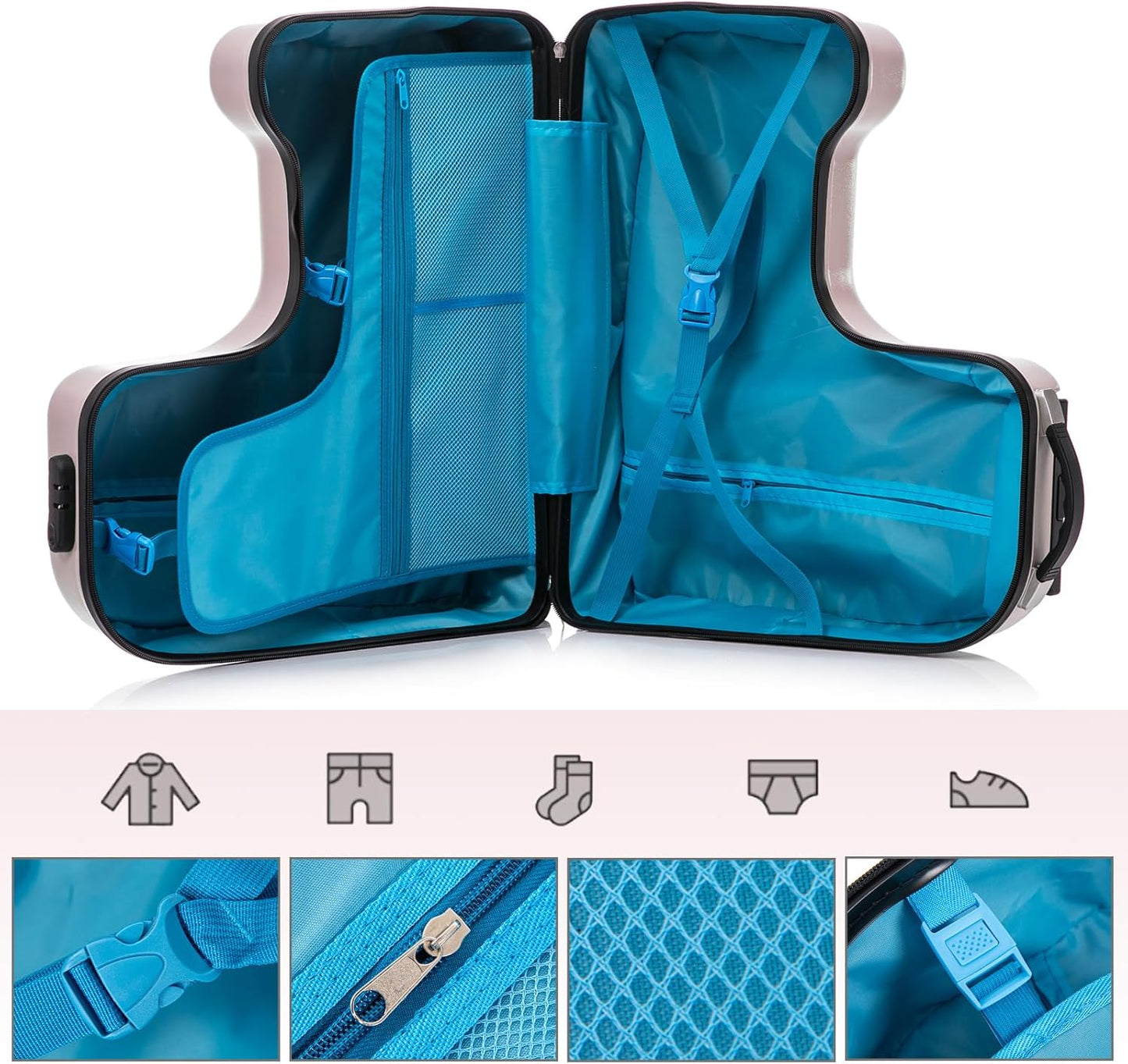 22 Inch Ride on Suitcase for Kids, Travel Luggage with Spinner Wheels for Child Travelling Stroller with Combination Lock/Safety Belt/Telescoping Handle (Pink)