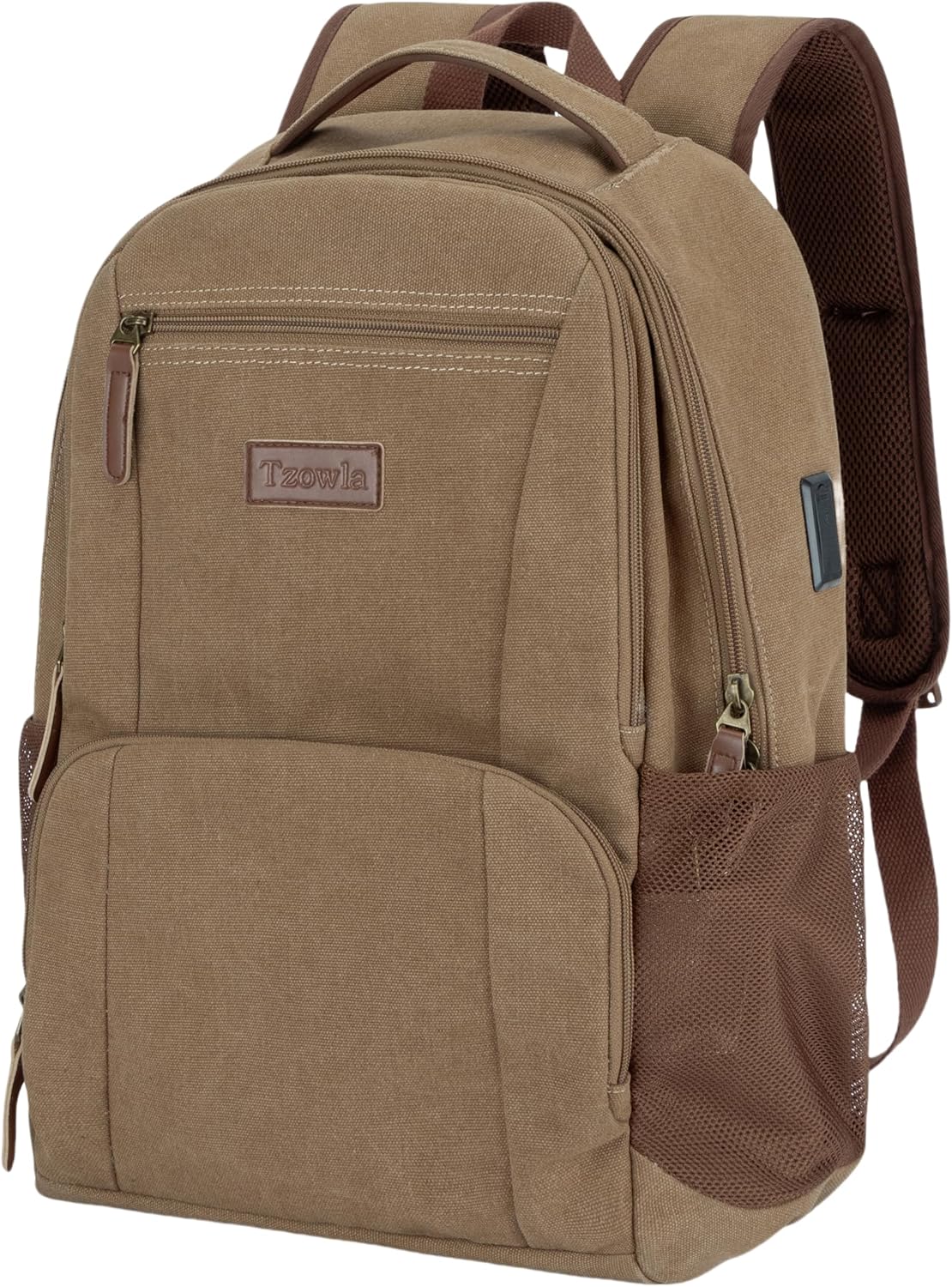 Tzowla Canvas Laptop College Backpack for Men and Women,Travel Work Vintage Rucksack with USB/Type-C Charging Port,Lightweight Hiking Casual Daypack Backpacks fit 15.6 inch Notebook,Brown