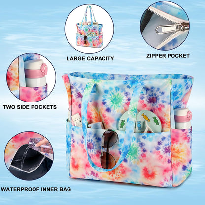 LEDAOU Beach Bag Waterproof Sandproof Women Tote Bag Pool Bag with Zipper for Gym Grocery Travel with Wet Pocket