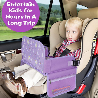 MENZOKE Car Seat Tray for Kids Travel, Kids Travel Tray with Educational Drawing Board, Tablet Holder & Cooler Cup Holder, Holiday Gifts for Car Trip, Purple
