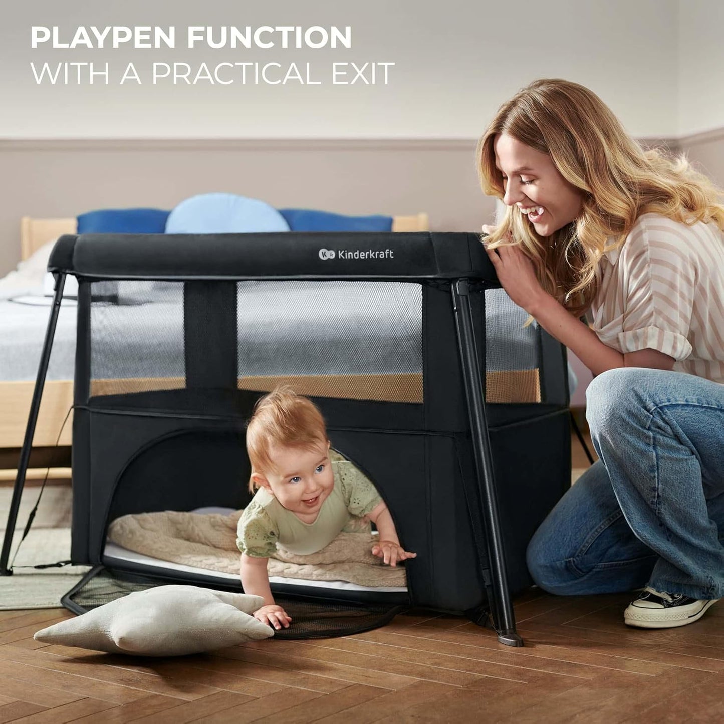 Kinderkraft CAMI 3-in-1 Baby Bed, Travel Bed for Baby, from Birth to 3 Years, Baby cot, Travel cot, Easy to Fold Compactly, Travel Bag Included, Two Levels, Black