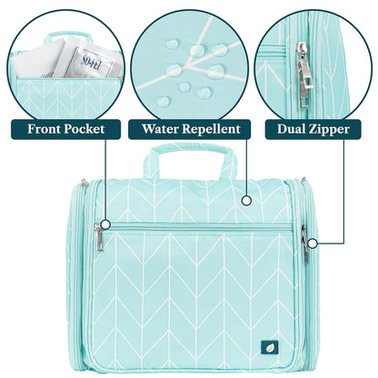 PAVILIA Large Hanging Toiletry Bag Travel Bag Women Men, Cosmetic Organizer, Water Resistant Makeup Bag Accessories Toiletries, Travel Essentials Kit, Teal Chevron