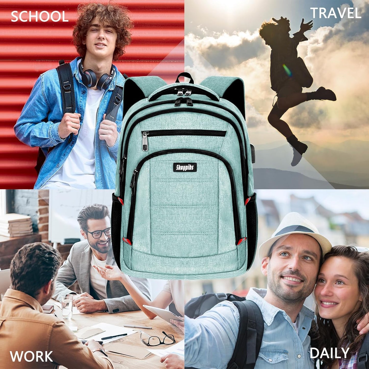 Backpack for Women Men, Travel School Backpacks for Teen Boys, Bookbag with USB Charging Port, Anti Theft College Backpack Fits 15.6 Inch Laptop, Casual Work Business Back Pack, Cyan