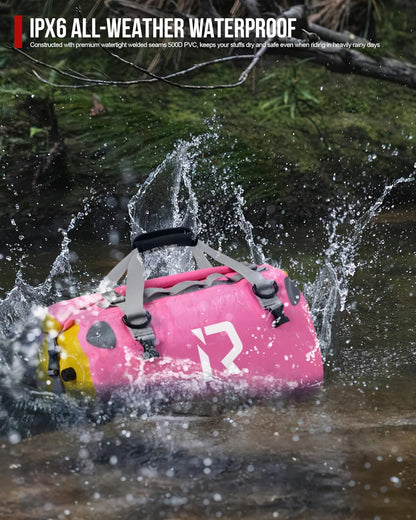 IRON JIA'S Motorcycle Dry Bag - Waterproof Duffle & Luggage Tail Bag Saddle Bags with Roll Top Closure, Shoulder Straps, Inner Pocket and Mesh Pocket (Pink, 30L)