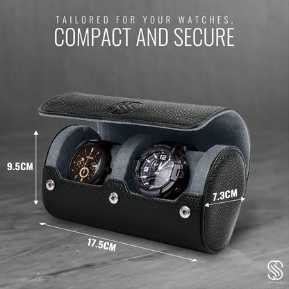 2 Watch Travel Case for Men – Sleek Faux Leather Organizer for Smart & Luxury Timepieces - Portable Travel Watch Storage Box - Ideal Gift for Men with Premium Gift box (Black & Grey)