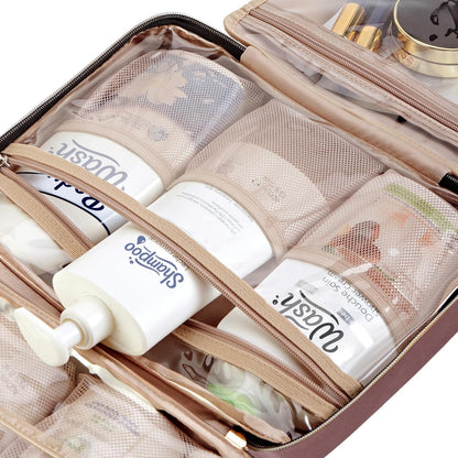 NISHEL Travel Toiletry Bag for women, Portable Hanging Organizer for Full-Sized Shampoo, Conditioner, Brushes Set, Makeup Accessories, Large Size, Rosewood-Pink