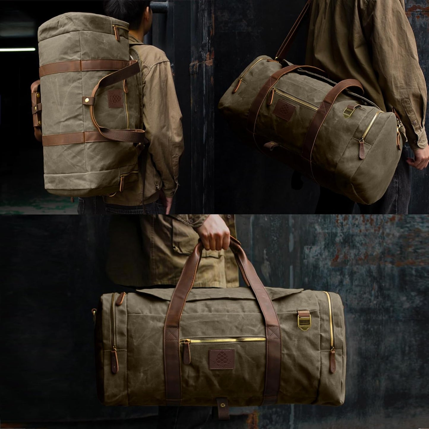 50L Duffle Bag for Men, Nomad Waxed Canvas Travel Duffel Bag Vintage Genuine Leather Travel Handbag Upgraded Weekender Overnight Backpack with Shoes Compartment (Vintage Grey)