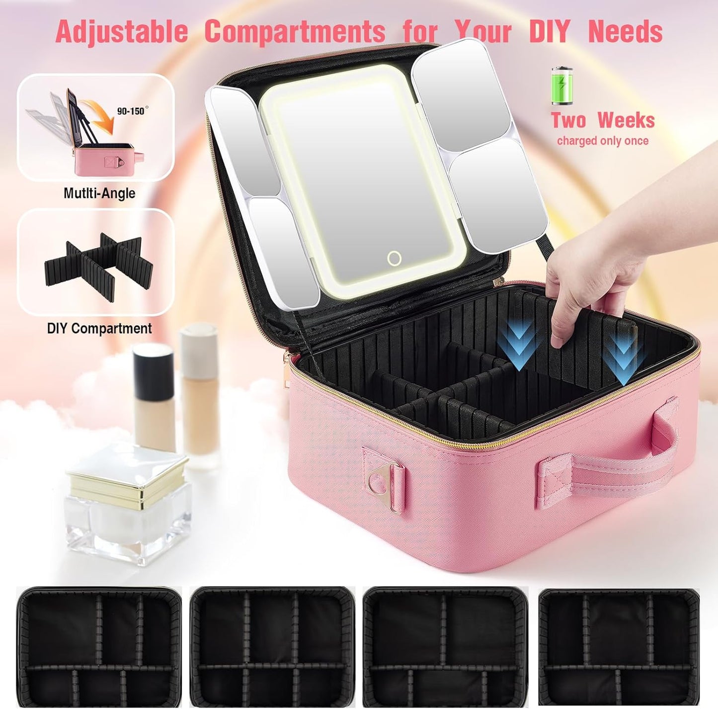 Mid-Size Makeup Bag with LED 1X5X10X20X30X Magnifying Mirror and Travel Makeup Train Case Cosmetic Organiser with Mirror and Separate Makeup Brush Panel, Portable Adjustable Divider, Pink