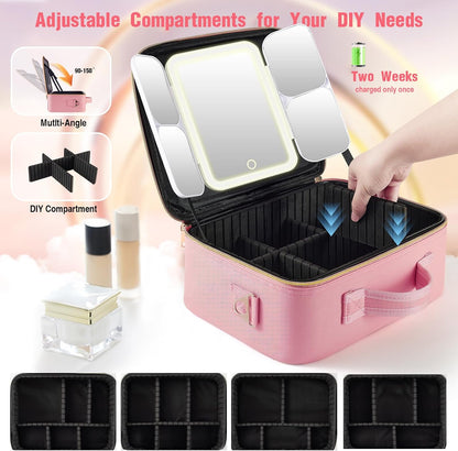 Mid-Size Makeup Bag with LED 1X5X10X20X30X Magnifying Mirror and Travel Makeup Train Case Cosmetic Organiser with Mirror and Separate Makeup Brush Panel, Portable Adjustable Divider, Pink