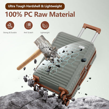 SHOWKOO Carry On Luggage Hardshell Lightweight Luggage Set, Suitcase with Double Spinner Wheels Tsa Lock White 3 piece set Green (DB/TB/20in)