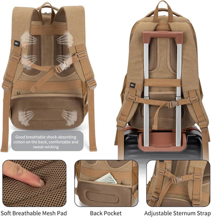 Tzowla Vintage Canvas Laptop Backpack for Men and Women,College Travel Work Rucksack with USB/Type-C Charging Port,Lightweight Bookbag Hiking Casual Daypack Backpacks Fit 15.6 Inch Notebook(Khaki)