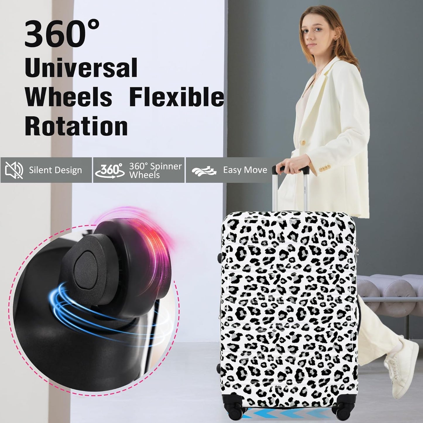 Merax Luggage Sets 3 Piece, Hardside Expandable Suitcase Set with Spinner Wheels, Lightweight Leopard Luggage 20+24+28 IN, Leopard White+Black