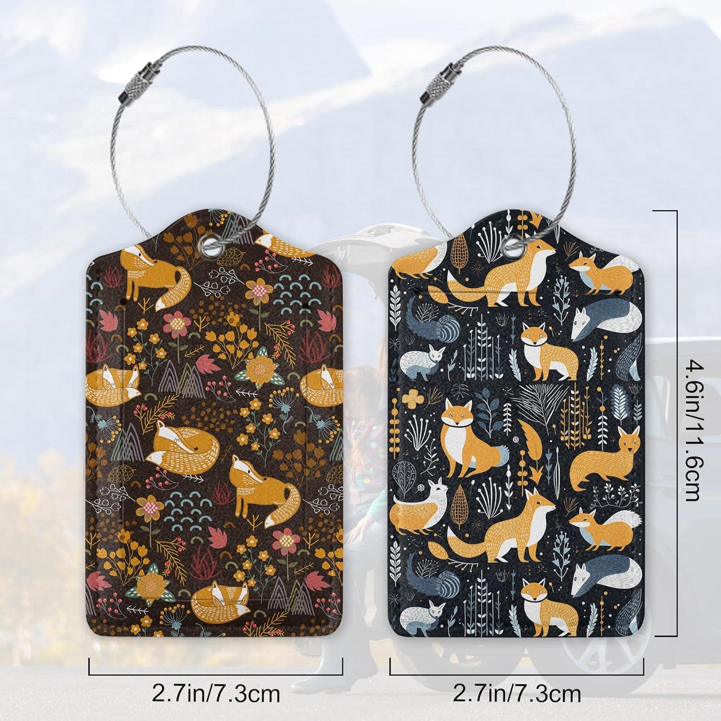 Foxes in The Forest 2 Pack Luggage Tag for Suitcase, Cute Unique Leather Bag Tags Identifiers Privacy Cover ID Label with Durable Steel Loop for Women Men Kids Girls Travel