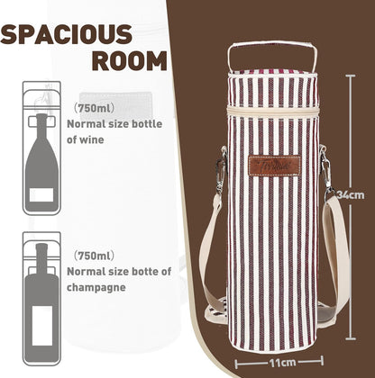 Tirrinia Single Wine Cooler Bags - Insulated & Padded Portable Wine Gift Tote Carrier for Travel, BYOB Restaurant, Wine Tasting, Party, Great Gift for Wine Lover, Wine Stripe