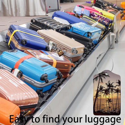 Sunset with Coconut Trees 2 Pack Luggage Tag for Suitcase, Cute Unique Leather Bag Tags Identifiers Privacy Cover ID Label with Steel Loop for Women Men Kids Girls Travel