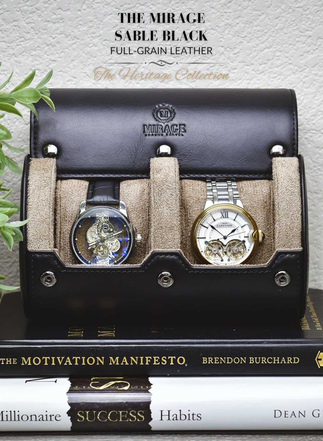 2 Watch Roll Travel Case – Leather Watch Holder Case for Travel - Black Full Grain Cow Leather (Beige Interior)