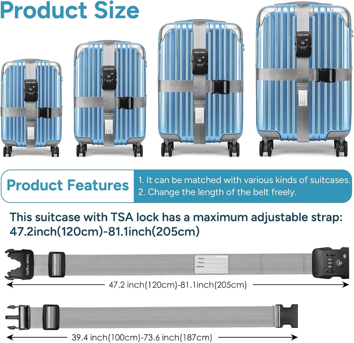 Travel Inspira Travel Belt for Luggage, TSA Approved Luggage Straps, 3-Dial Combination Locks Adjustable Suitcase Belt, Quick-Release Buckle (Grey)
