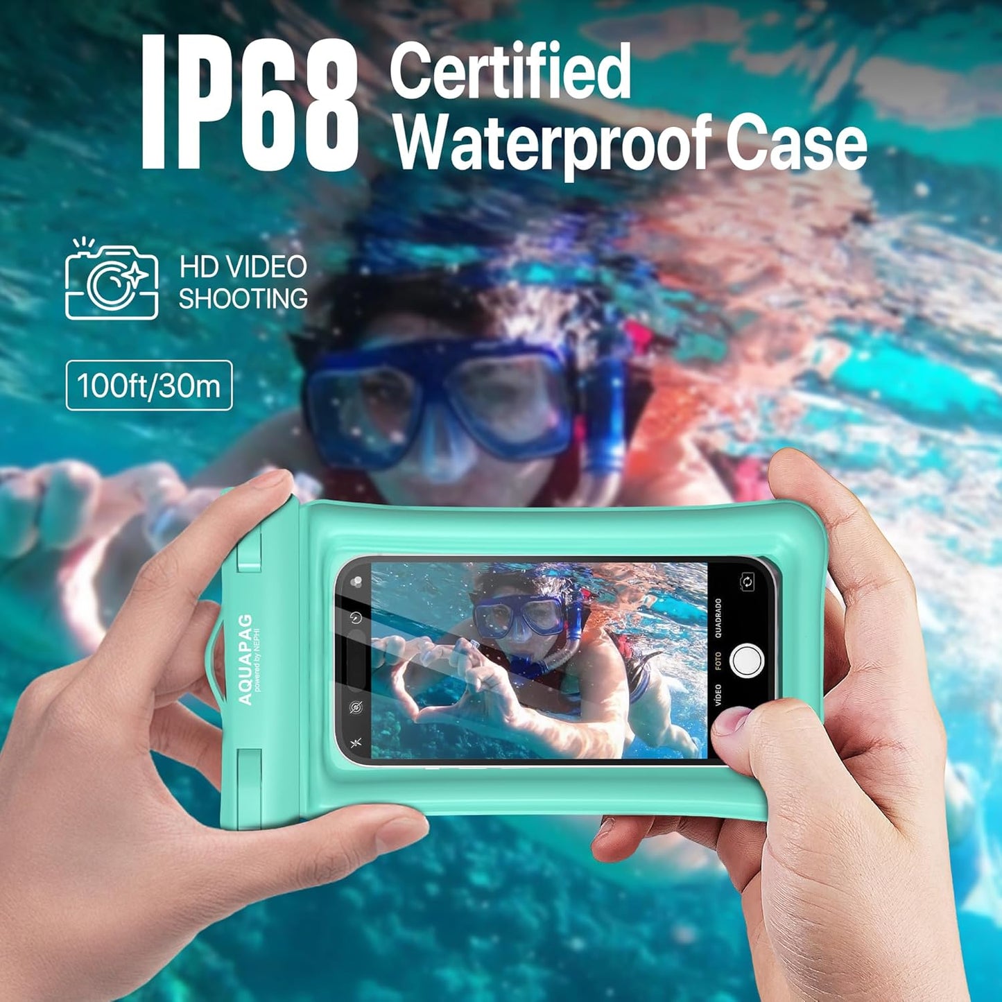 NEPHI IP68 Waterproof Phone Pouch 2 Pack-Up to 8.0"，Adjustable Neck Lanyard Floating Waterproof Phone Case for iPhone,Phone Dry Bags for Vacation Beach Pool Travel Essentials (Aqua Green white 4 pack)