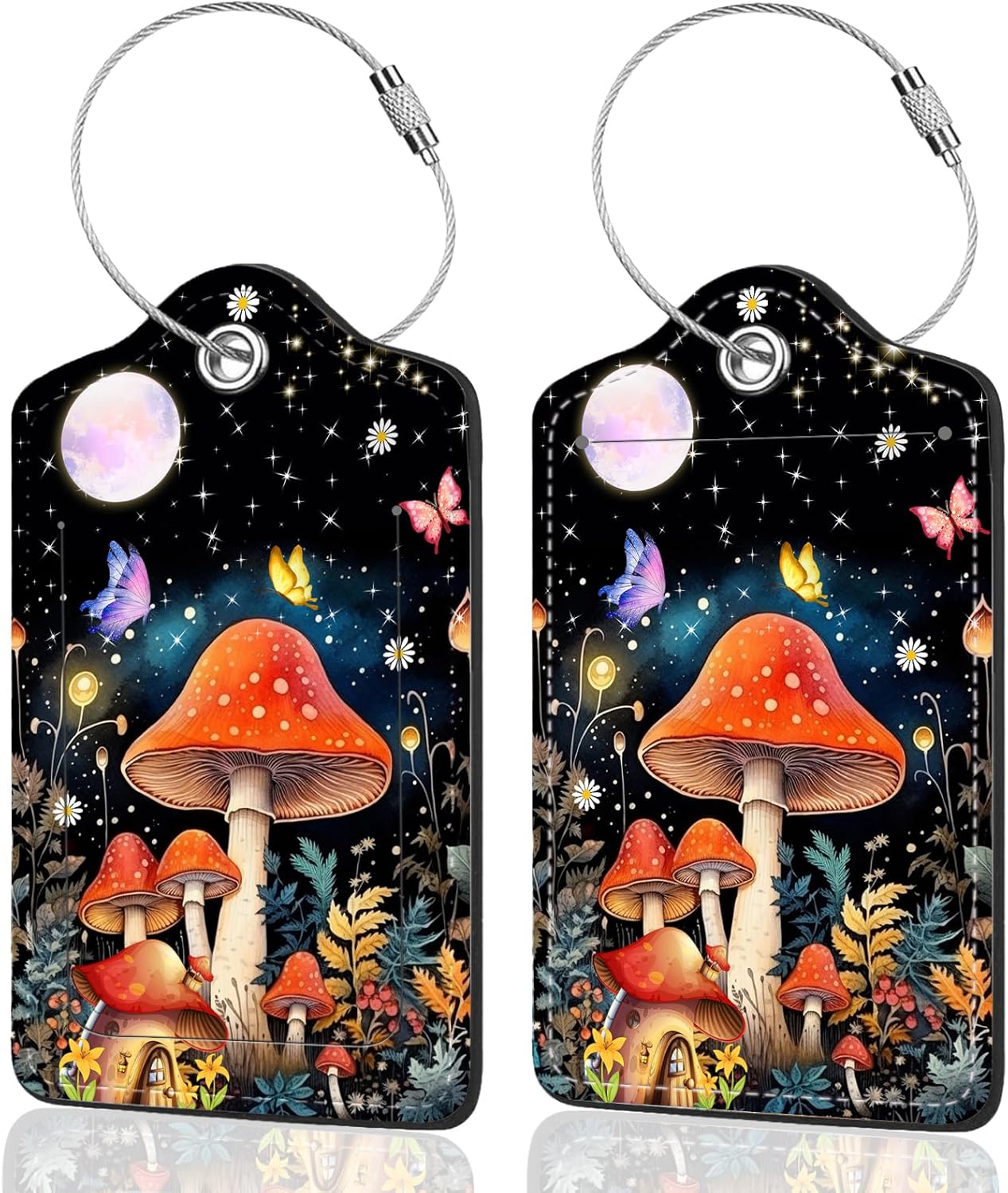 2Pack Luggage Tags for Suitcases, Cute Unique Pu Leather Cruise Luggage Tag with Privacy Cover ID Label Address Card and Metal Ring Suitable for Women Men Kids Travel Bag Mushrooms and The Moon