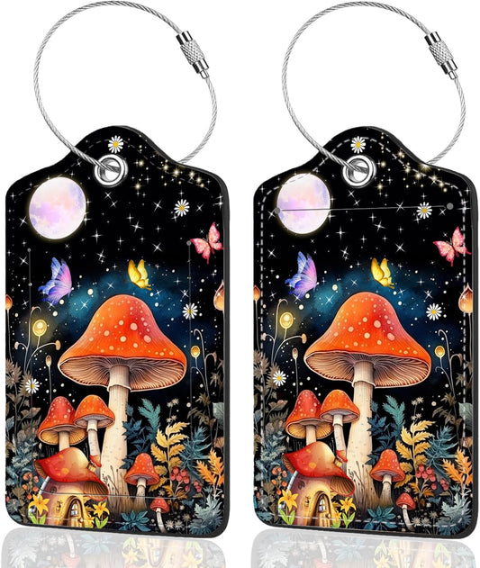 2Pack Luggage Tags for Suitcases, Cute Unique Pu Leather Cruise Luggage Tag with Privacy Cover ID Label Address Card and Metal Ring Suitable for Women Men Kids Travel Bag Mushrooms and The Moon