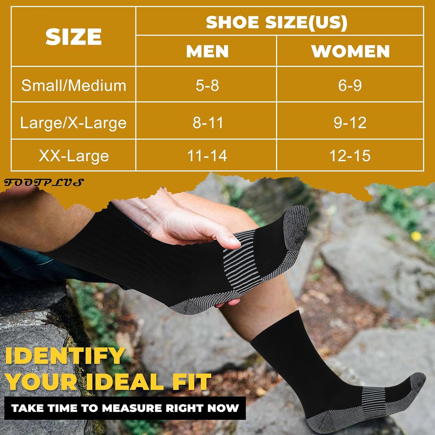 FOOTPLUS Hiking Copper Compression Socks,Unisex Cushioned Sole Arch Support Athletic Crew Running Socks