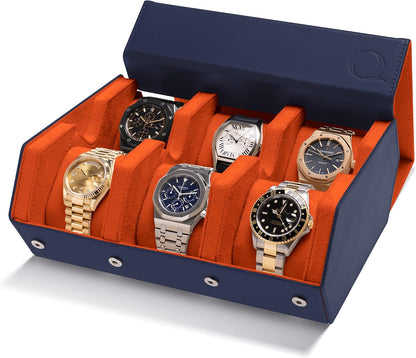 Napa Leather Watch Case for Men - Watch Roll Storage Organizer & Watch Display - Six Slot Luxury Watch Box for Home or Travel - Mens 6 Watch Holder Case (Blue Orange)