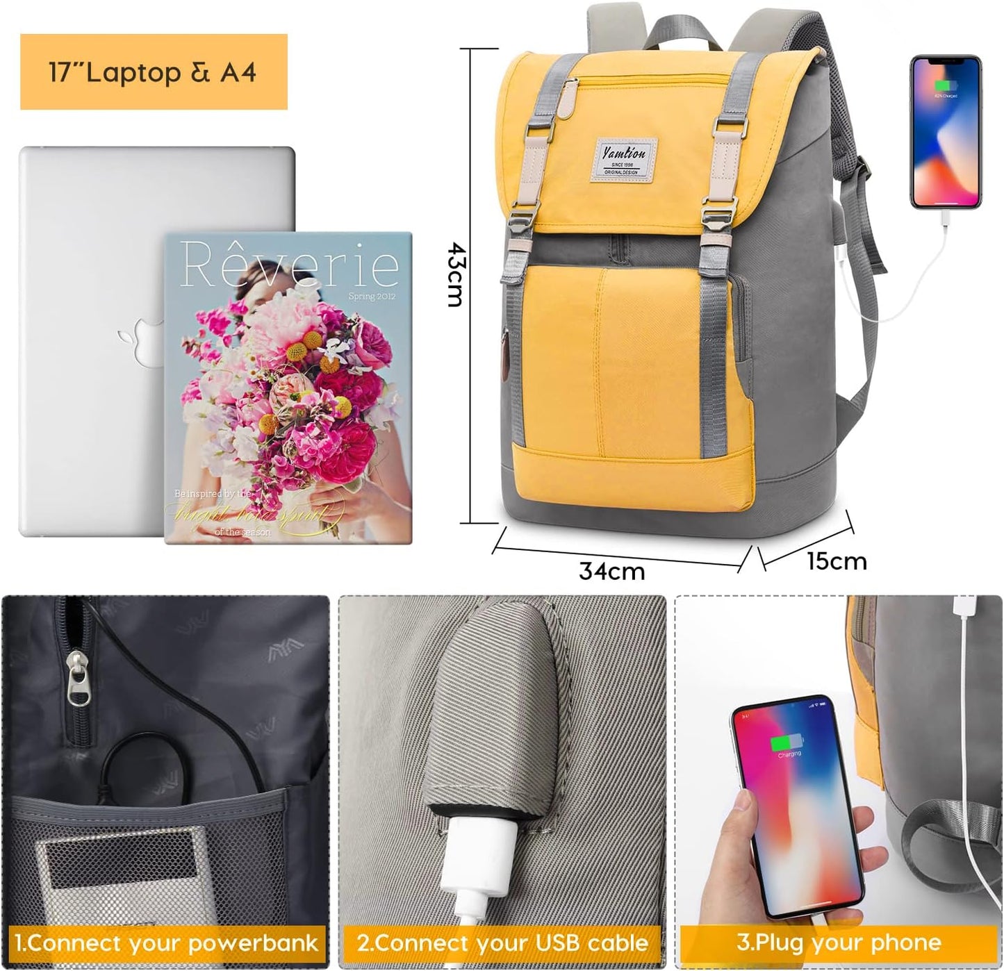 17" Laptop Backpack for Girls & Boys Teens, College Bookbag High School Backpack with USB Charging Port for Women & Men