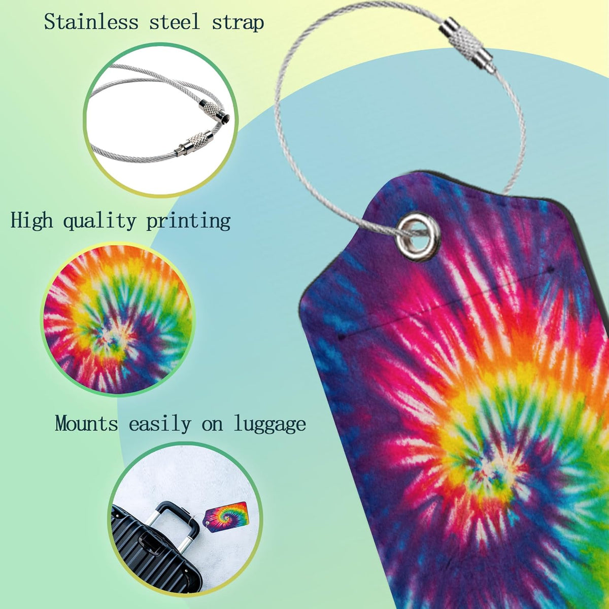 Tie Dye Luggage Tag,Colorful Rainbow Luggage Tags of Set 2 Leather Identifiers Privacy Cover with Stainless Steel Loop for Women Men Travel Bag Suitcase