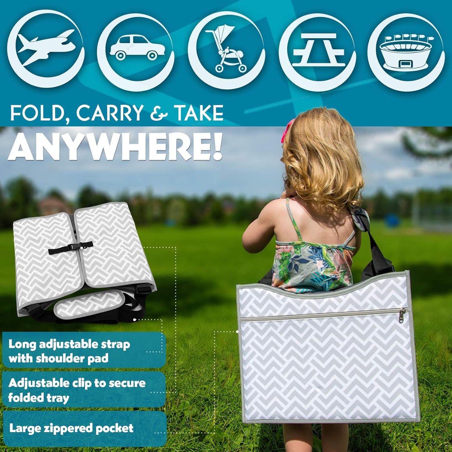 Kenley Kids Travel Tray, Toddler Car Seat Lap Tray, Road Trip Essentials Activity Table (Blue/Gray)