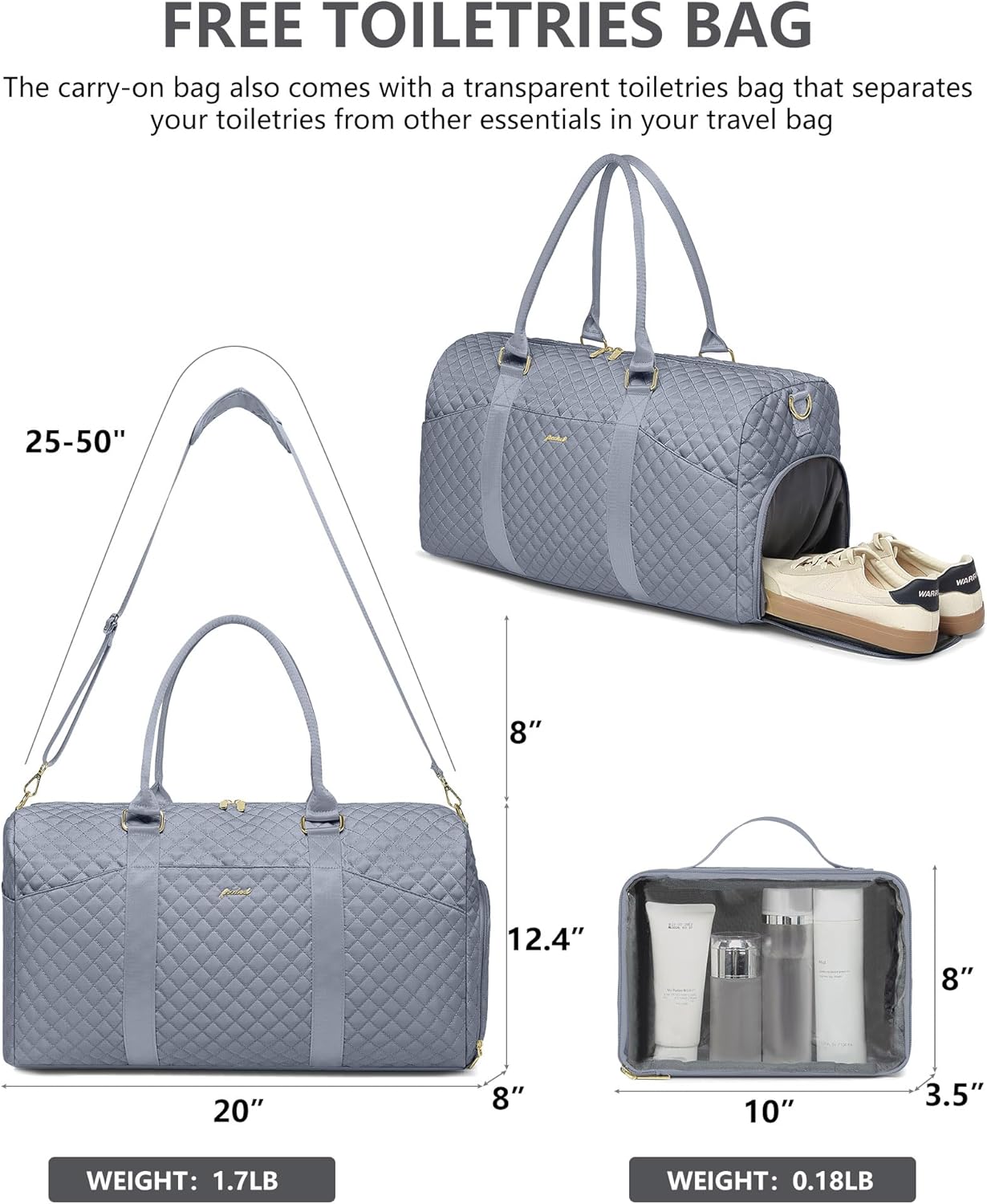 Weekender Travel Duffle Bag for Women - Carry on Bag with Shoe Compartment Overnight Bags with Toiletry Bag Wet Pocket Weekend Traveling Yoga Gym Hospital Bags for Labor and Delivery Grey