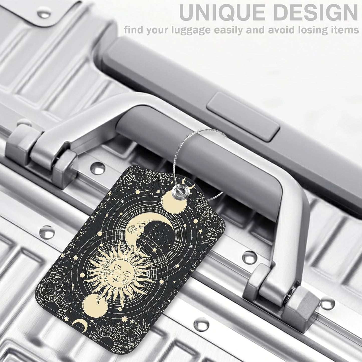 Set of 2 Luggage Tags for Suitcases Sun Moon Astrology Phases Leather Suitcase Tags Identifiers with Privacy Name Address Label and Stainless Steel Loop for Women Men Travel Luggage Accessories