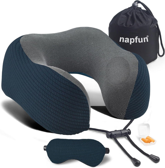 napfun Neck Pillow for Traveling, Upgraded Travel Neck Pillow for Airplane 100% Pure Memory Foam Travel Pillow for Flight Headrest Sleep, Portable Plane Accessories, Deep Blue Set, Medium (120-200LB)