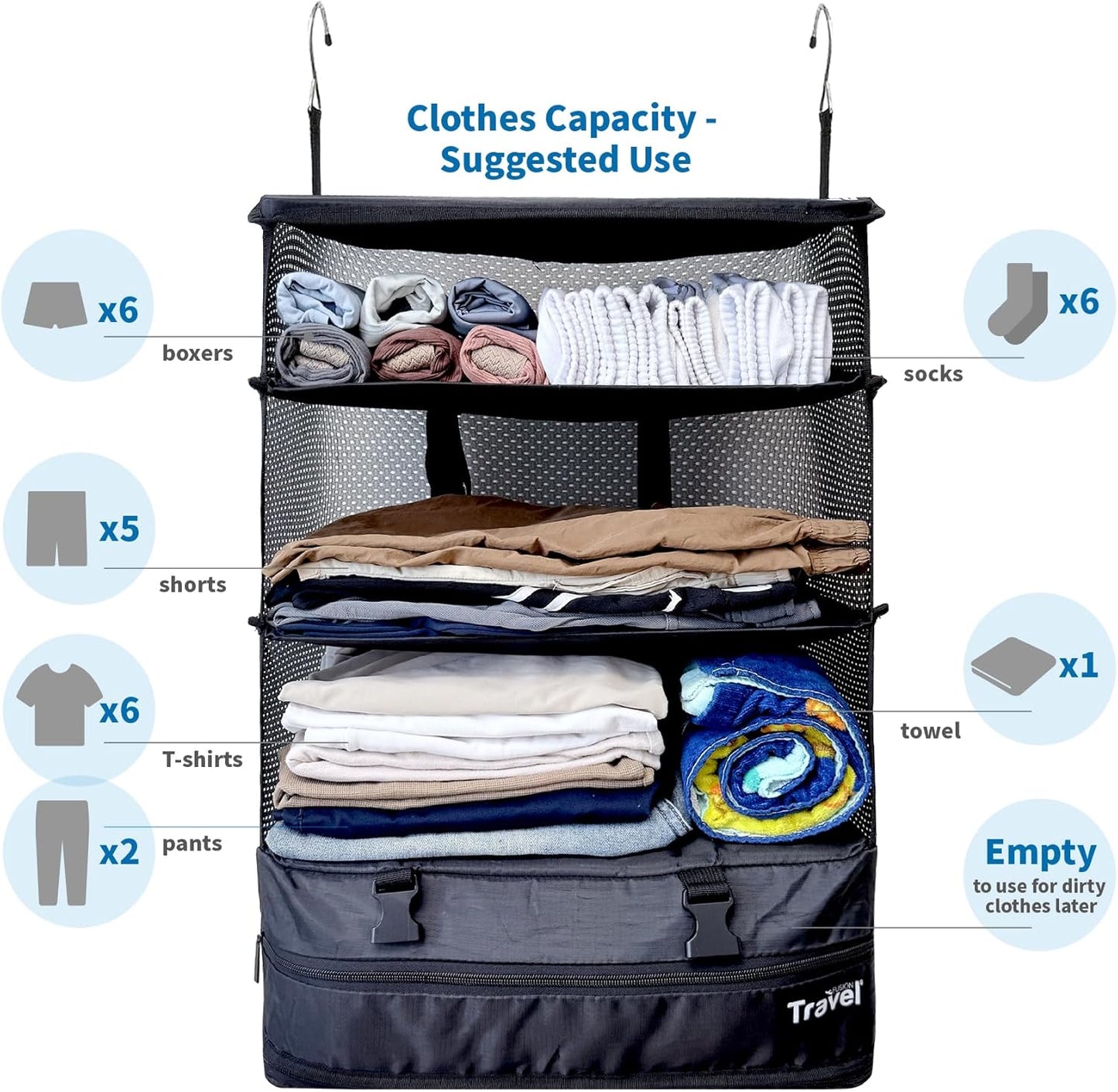 Grand Fusion Stow-N-Go Travel Luggage Organizer – Portable Hanging Travel Shelves, Carry-On Closet Organizer, Hanging Packing Cubes, Collapsible Carry-On Organizer for Cruises & Hotels. Black - XL